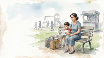 Ilustración acuarela de una mujer con cabello oscuro y un niño sentados en un banco de parque con maletas. La mujer tiene rostro preocupado; el niño sostiene un papel arrugado.