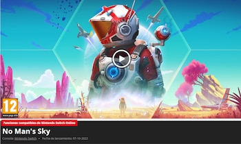 Un astronauta gigante, uno pequeño, naves espaciales y un planeta alienígena con rocas rosadas. Incluye logo PEGI 12, botón de reproducción y el título No Man's Sky