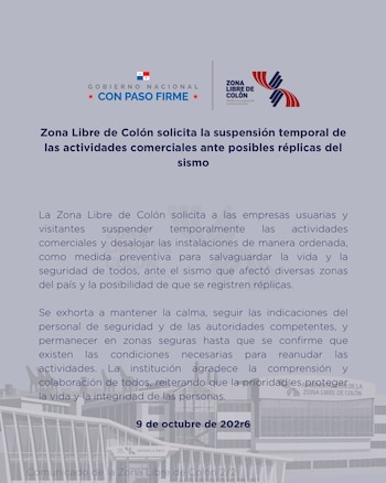 Comunicado oficial emitido por la administración de la Zona Libre de Colón anunciando la suspensión de actividades tras el sismo.