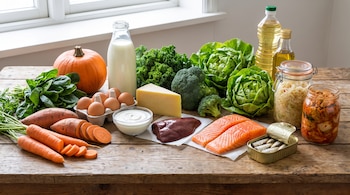 Mesa de madera con calabaza, zanahorias, batatas, espinacas, brócoli, lechuga, col rizada, huevos, leche, yogur, queso, hígado, salmón, sardinas, aceites y fermentados.
