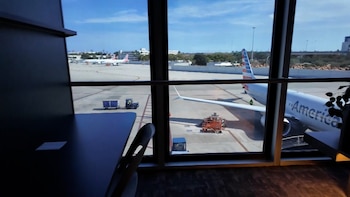 Vista a través de una ventana de aeropuerto con un avión de American Airlines en la plataforma, equipos de tierra, y otros aviones bajo un cielo azul claro