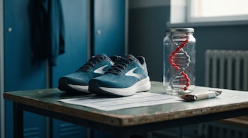 Unas zapatillas azules, un plan de entrenamiento, un frasco con modelo de ADN y una barra de proteínas sobre una mesa de madera en un vestuario.