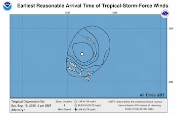 Mapa gráfico con contornos de tiempo de llegada de vientos en el océano, texto sobre la depresión tropical seis y logotipos meteorológicos.