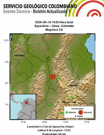 Reporte oficial del Servicio Geológico Colombiano sobre el temblor en Cesar - crédito SGC