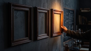 Tres cuadros de madera vacíos en una pared negra, una mano sobre el cuadro derecho iluminado y un pizarrón al fondo.