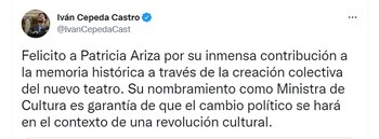 Iván Cepeda reacciona al nombramiento de Patricia Ariza.
Captura de pantalla