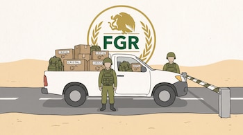 Una camioneta blanca es detenida en un retén militar con dos soldados, barrera, y paquetes de cristal en la caja. El logo de la FGR aparece al fondo.