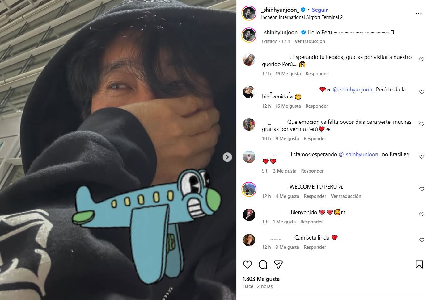 Shin Hyun Joon utiliza sus redes sociales para anunciar su llegada y saludar a sus seguidores peruanos.