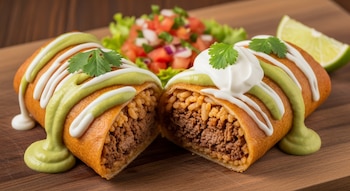 Dos chimichangas cortadas por la mitad, rellenas de carne y arroz, cubiertas con salsa verde, crema y cilantro. Acompañan pico de gallo y limón.