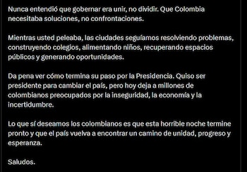 El alcalde sostuvo que el mandato de Petro deja a Colombia con preocupación por la inseguridad, la economía y la incertidumbre, y pidió unidad para el país - crédito @AlejandroChar/X