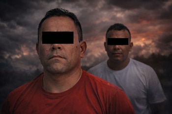 Primer plano de un hombre con camiseta roja y los ojos cubiertos; detrás, otro hombre con camiseta blanca y los ojos cubiertos, sobre un cielo nublado.