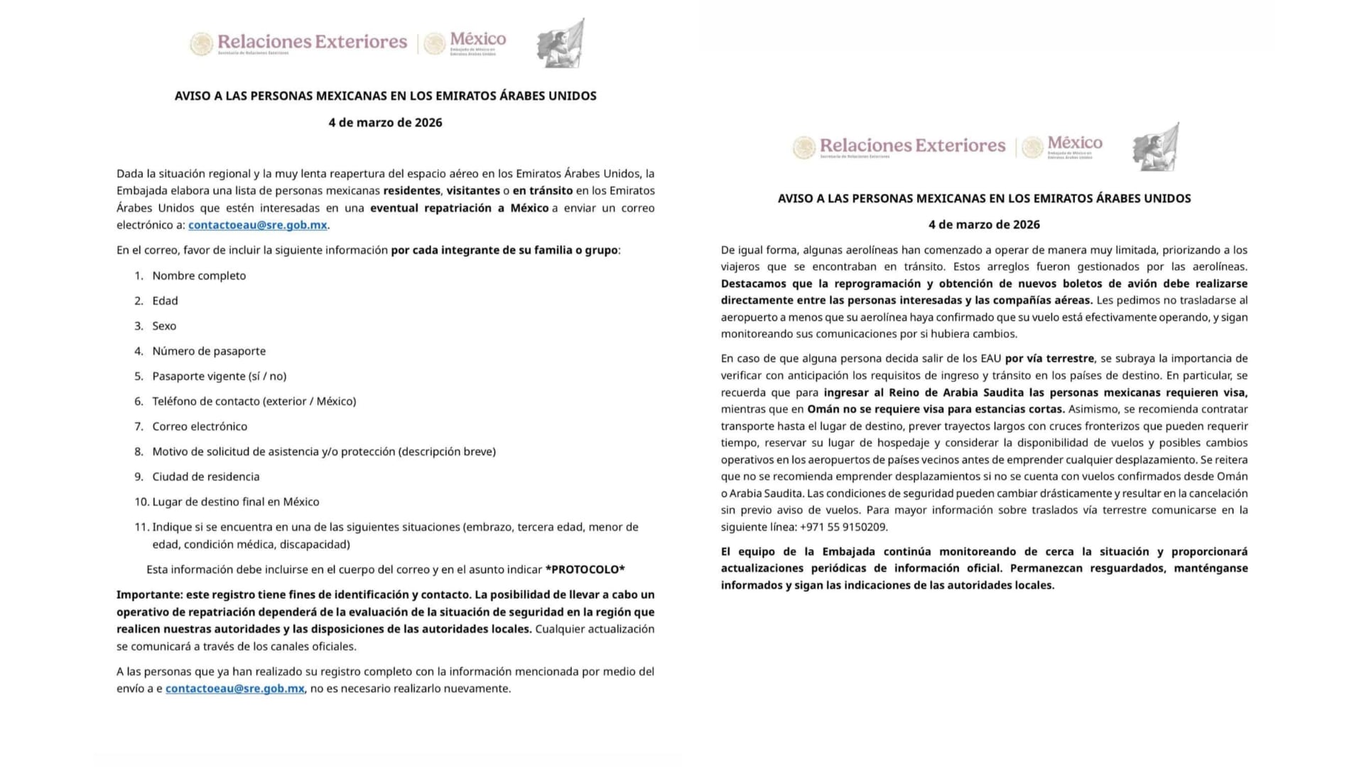 La Embajada de México en Emiratos Árabes abrió la posibilidad de repatriar a los mexicanos que se encuentren en la región y así lo deseen. (X: @EmbaMexEAU)