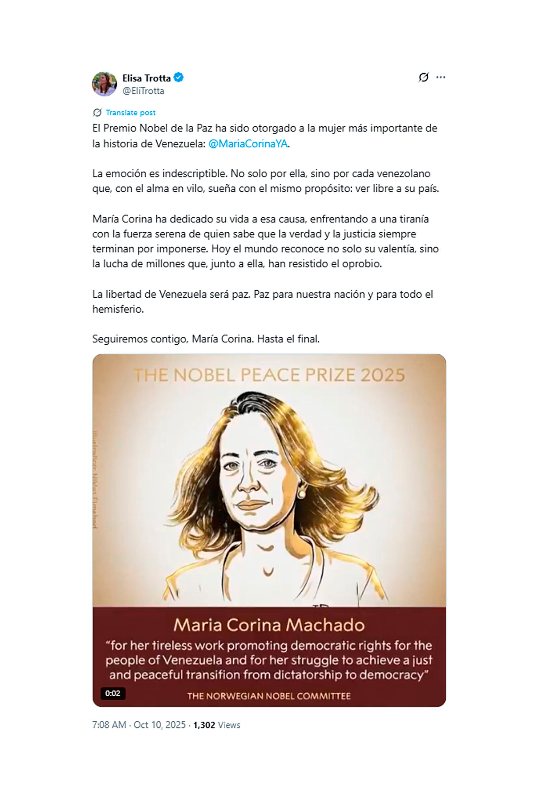 La publicación de Elisa Trotta en su cuenta en X