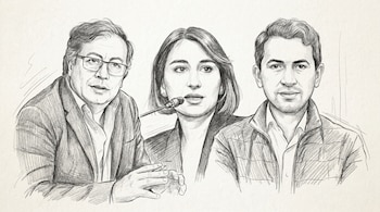 Ilustración a lápiz en blanco y negro de los rostros de Gustavo Petro, Laura Sarabia con un micrófono, y Daniel Briceño. Fondo neutro.