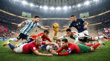 Futbolistas Messi, Mbappé, Ronaldo, Haaland, Yamal y Musiala en un estadio, compitiendo por un trofeo de la Copa Mundial sobre el césped.