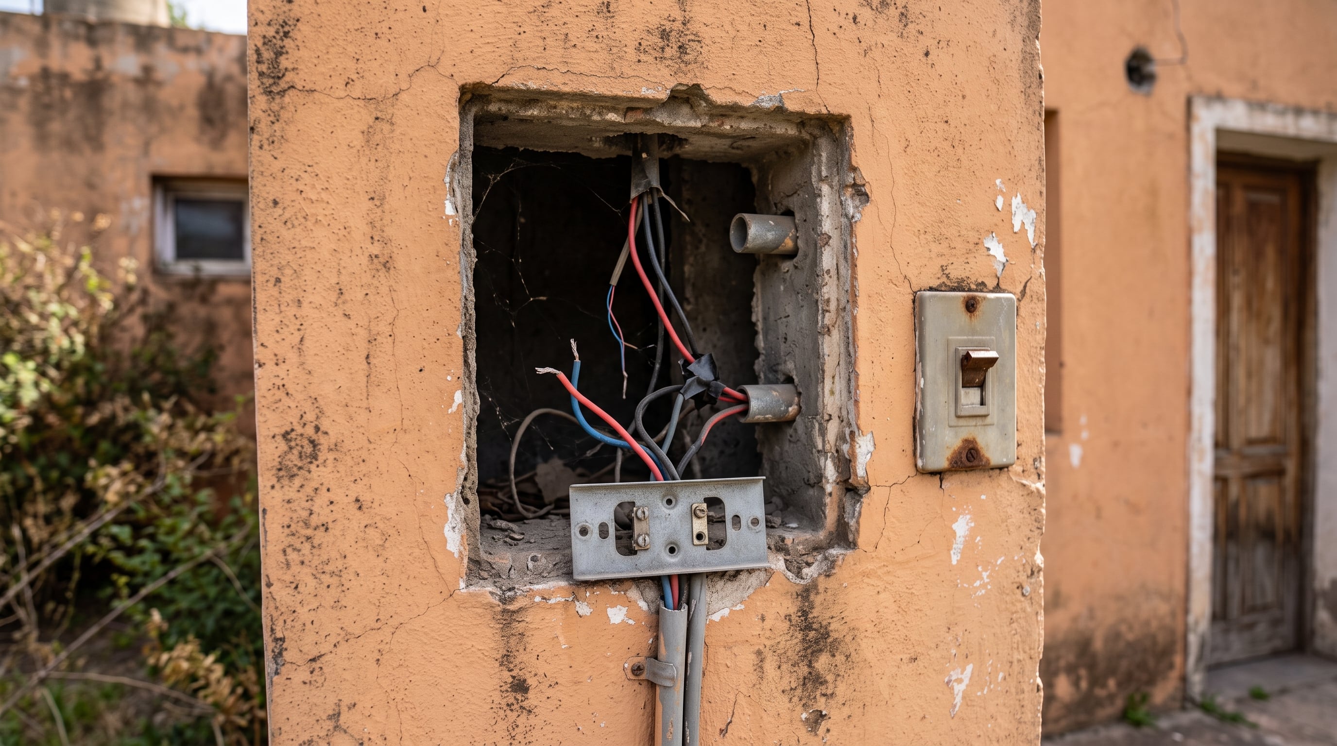 Un nicho en la fachada de una residencia permanece sin el medidor de electricidad correspondiente y mantiene sus cables de conexión al descubierto. (Imagen Ilustrativa Infobae)