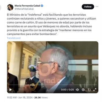María Fernanda Cabal arremetió contra el ministro Iván Velásquez por asegurar que no los bombardeos están permitidos - crédito @MariaFdaCabal/X