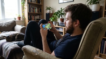 Un hombre sentado en un sillón juega videojuegos en un iPhone. Al fondo, una ventana, una estantería y un gato durmiendo en un sofá.