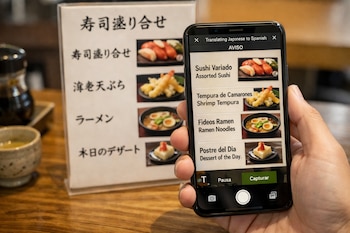 Una mano sostiene un teléfono inteligente que muestra la traducción de un menú japonés a español, con platos como sushi y ramen visibles en la pantalla.