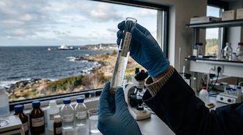 Manos con guantes azules sostienen una probeta etiquetada con agua, con un microscopio sobre la mesa y la costa marina al fondo.