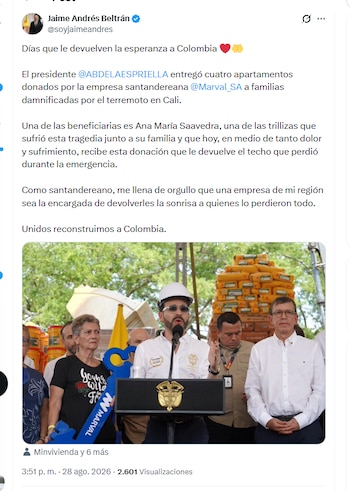 El ministro Jaime Andrés Beltrán destacó la entrega de viviendas a personas damnificadas en Cali - crédito @soyjaimeandres/X