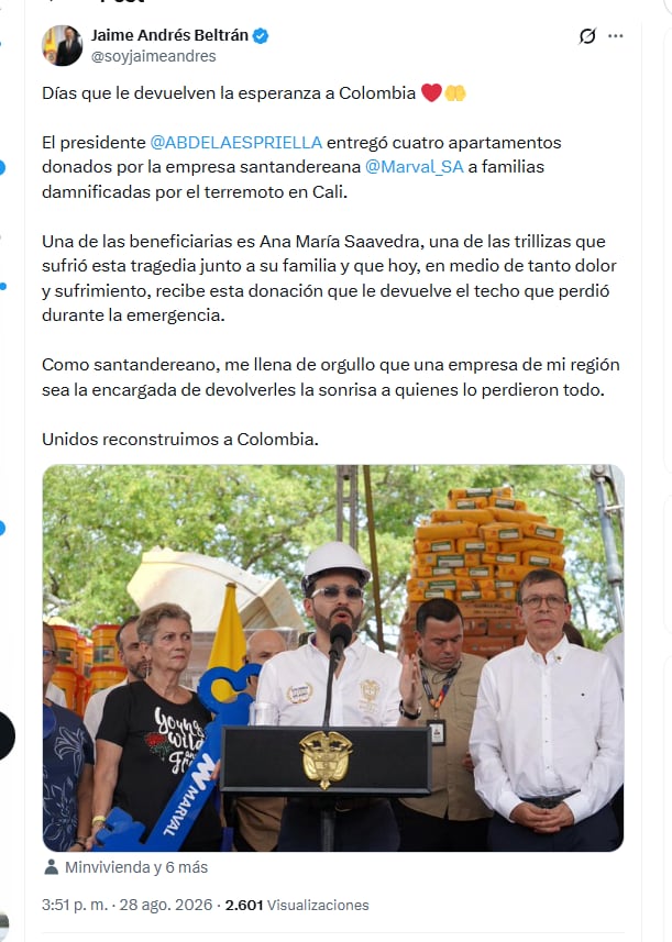 El ministro Jaime Andrés Beltrán destacó la entrega de viviendas a personas damnificadas en Cali - crédito @soyjaimeandres/X