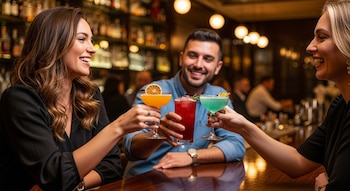 Vista de tres amigos sonriendo y brindando con tres cócteles coloridos en un bar con luces cálidas y botellas en el fondo.