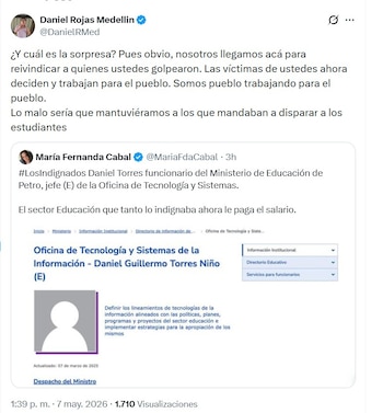 El ministro Daniel Rojas defendió la decisión de la llegada de Daniel Torres y sostuvo que el Gobierno integra a personas que participaron en procesos sociales - crédito @DanielRMed/X