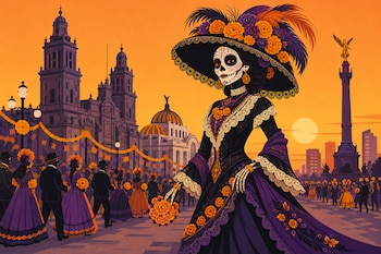 Ilustración de una Catrina con vestido morado y sombrero de flores, frente a una multitud y monumentos de la Ciudad de México al atardecer.