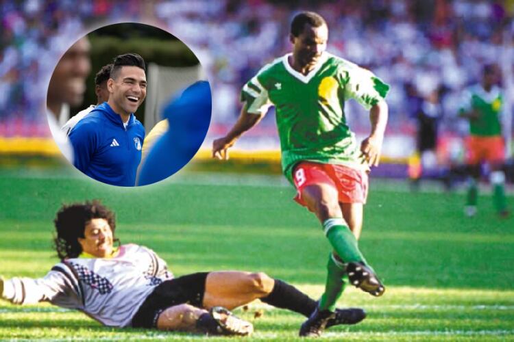 Falcao busca igualar lo que hizo el africano y anotar en un mundial con más de 40 años - crédito Montaje Infobae (Millonarios/FIFA)