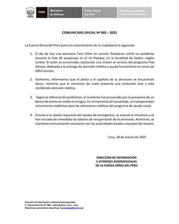 Comunicado del Ministerio de Defensa