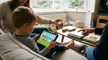 Un niño sentado en un sofá sostiene una tableta digital entre dos adultos que le muestran un cubo de madera y varios libros.