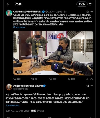 Angélica Monsalve lanzó criticas a las aspiraciones presidenciales de Claudia López - crédito @alazamo123