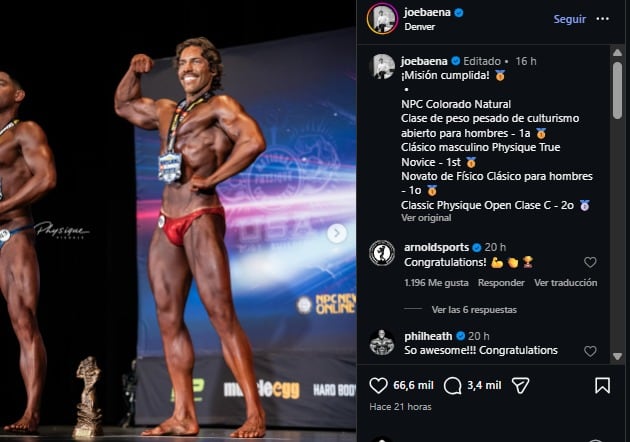 Joseph Baena presumió su primer triunfo como físico culturista. (Instagram)