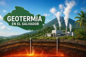 Un mapa verde de El Salvador con el texto GEOTERMIA EN EL SALVADOR junto a una planta geotérmica, tuberías subterráneas y un volcán.