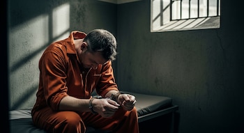 Hombre con uniforme naranja sentado en cama metálica, con esposas en las muñecas, en una celda de prisión con ventana enrejada
