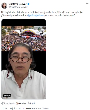 Gustavo Bolívar calificó de inédita la multitud que despidió a Gustavo Petro en su último discurso - crédito @GustavoBolivar/X