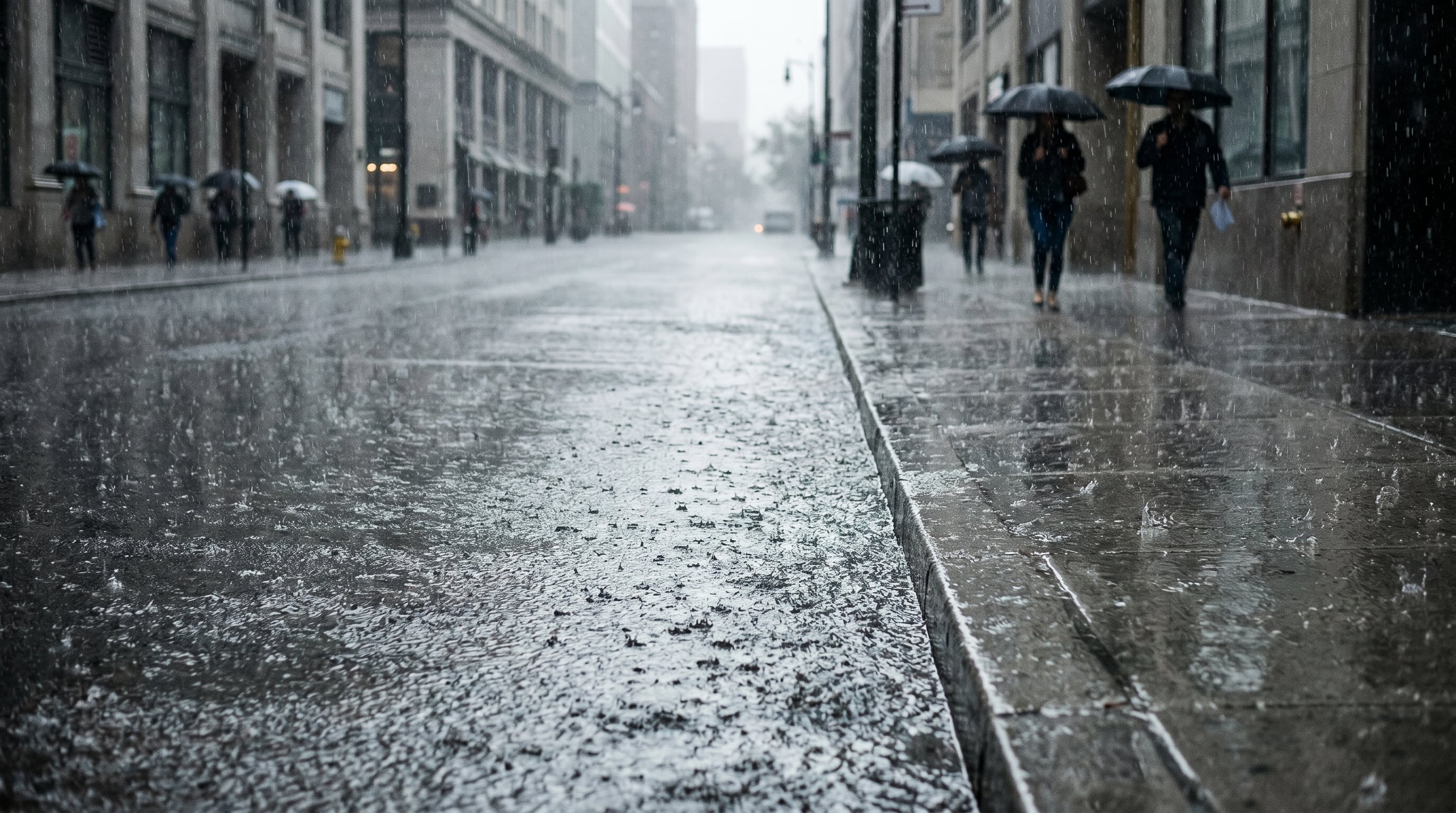 Calles de la ciudad se anegan por la lluvia torrencial diurna, con peatones resguardándose bajo paraguas mientras transitan por las aceras. (Imagen Ilustrativa Infobae)