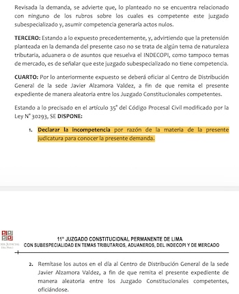 Juzgado se declara incompetente para tramitar la demanda de Renzo Reggiardo