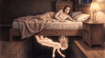 Mujer sobresaltada en la cama, sujetando las sábanas. Una silueta luminosa cae por debajo del lecho hacia un abismo oscuro. Mesita de noche con lámpara.