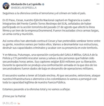 El presidente Abelardo de la Espriella aseguró que el Gobierno mantiene la presión contra las organizaciones criminales - crédito @ABDELAESPRIELLA/X