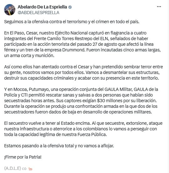 El presidente Abelardo de la Espriella aseguró que el Gobierno mantiene la presión contra las organizaciones criminales - crédito @ABDELAESPRIELLA/X