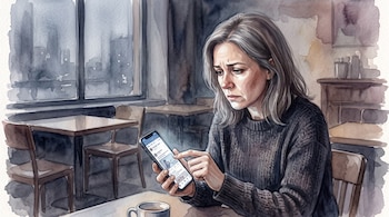 Ilustración de una mujer de cabello gris sentada a una mesa observando la pantalla de un teléfono inteligente junto a una taza.