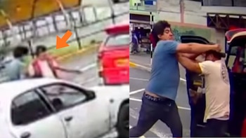 Dos tomas divididas muestran a hombres agrediéndose físicamente en la vía pública junto a un automóvil blanco y una flecha naranja