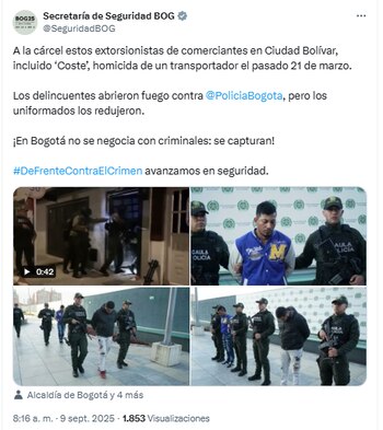 Las autoridades celebraron la captura de los delincuentes - crédito @SeguridadBOG/x