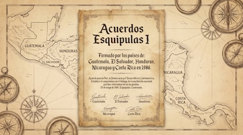 Un mapa de estilo antiguo de Centroamérica con un pergamino central que detalla los Acuerdos Esquipulas I y sus firmantes, rodeado de brújulas.