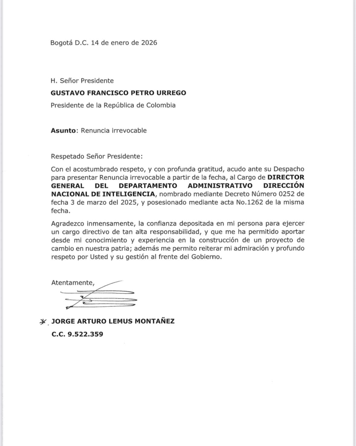 Carta de renuncia de Jorge Lemus a la Dirección Nacional de Inteligencia (DNI) - crédito @javieroliver_ct/X