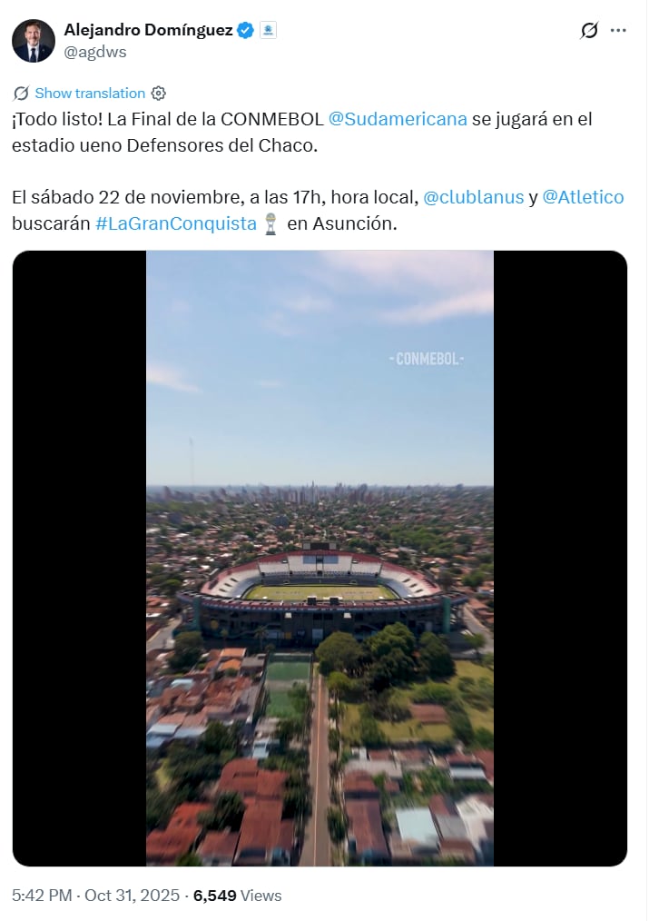 El mensaje de Alejandro Domínguez, presidente de Conmebol, en sus redes sociales oficiales