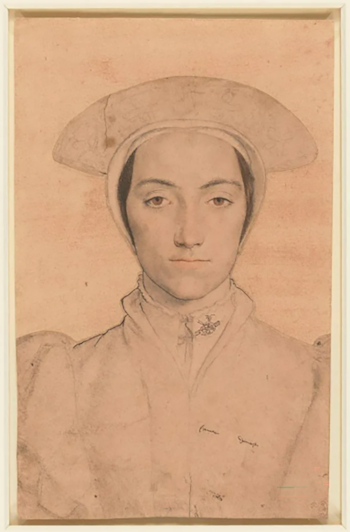 Boceto a lápiz y tiza de Ana Bolena, retratada de frente con un tocado tipo gable hood y un broche en el cuello. El fondo es de color terracota claro, con trazos visibles