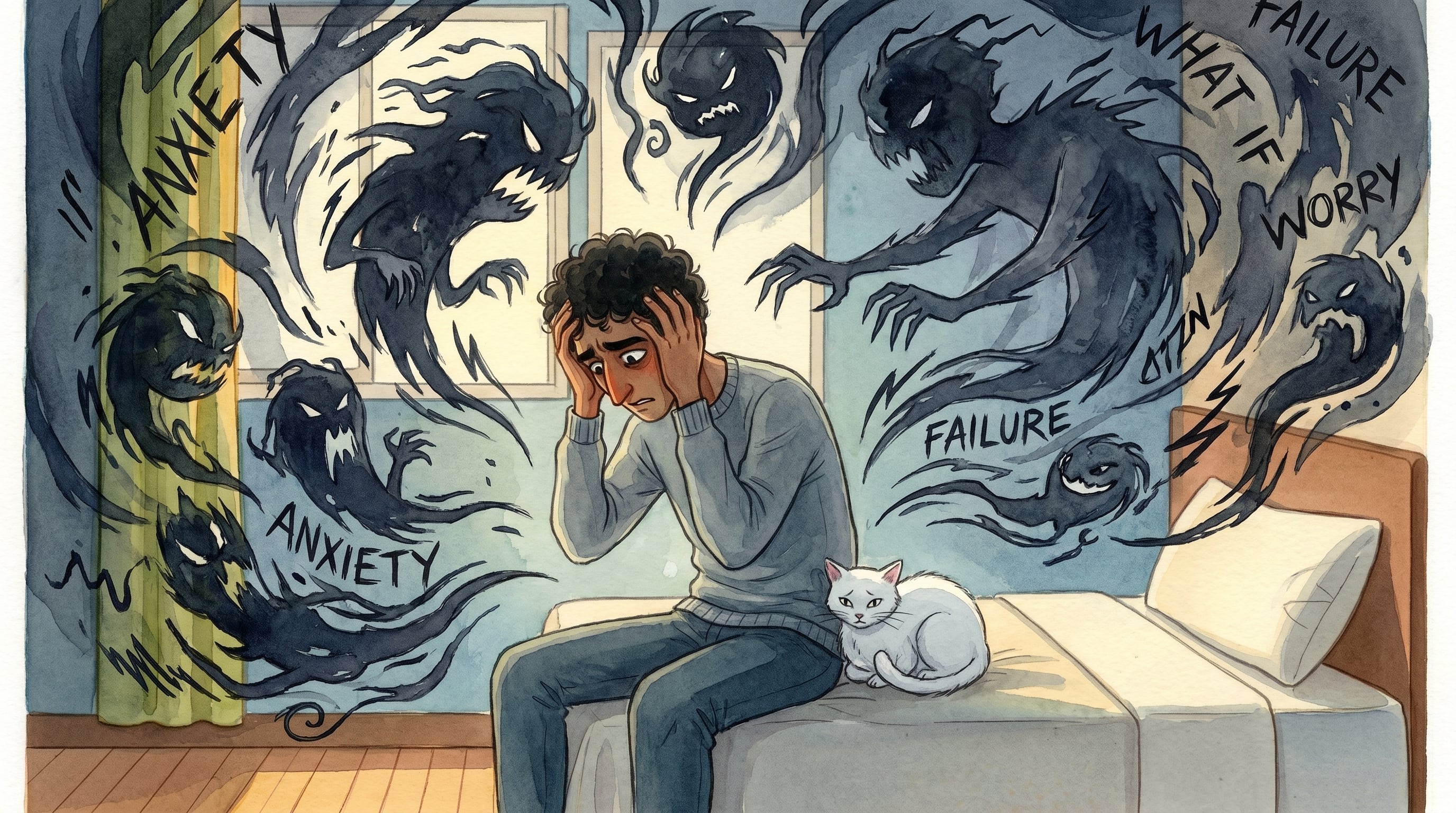 Un joven se cubre la cabeza mientras figuras oscuras que representan la ansiedad y el fracaso lo rodean en su habitación, simbolizando la lucha contra los sobrepensamientos, acompañado por un gato blanco. (Imagen Ilustrativa Infobae)
